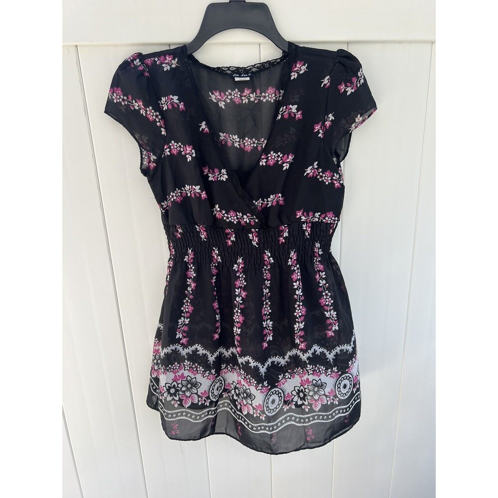 Lia Lee Women's Floral Short Sleeve Top Peplum Smocked Waist Semi Sheer Small